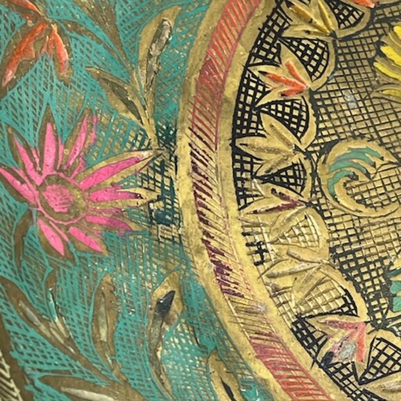 VTG Solid Hand Crafted Solid Brass Enameled Bowl Colorful Floral Design 9.25" - Picture 9 of 10